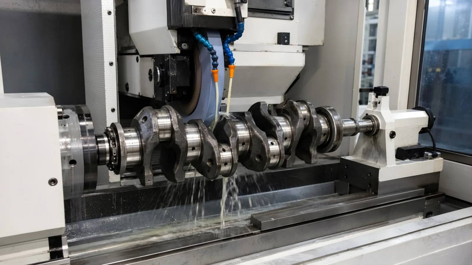 Grinding main and rod journals of a crankshaft on a machine with coolant flow