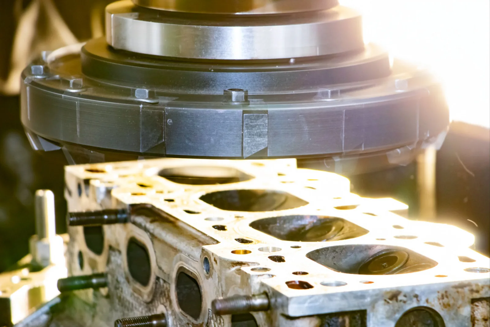 Milling head resurfacing the deck (head-mating) surface of a cylinder block